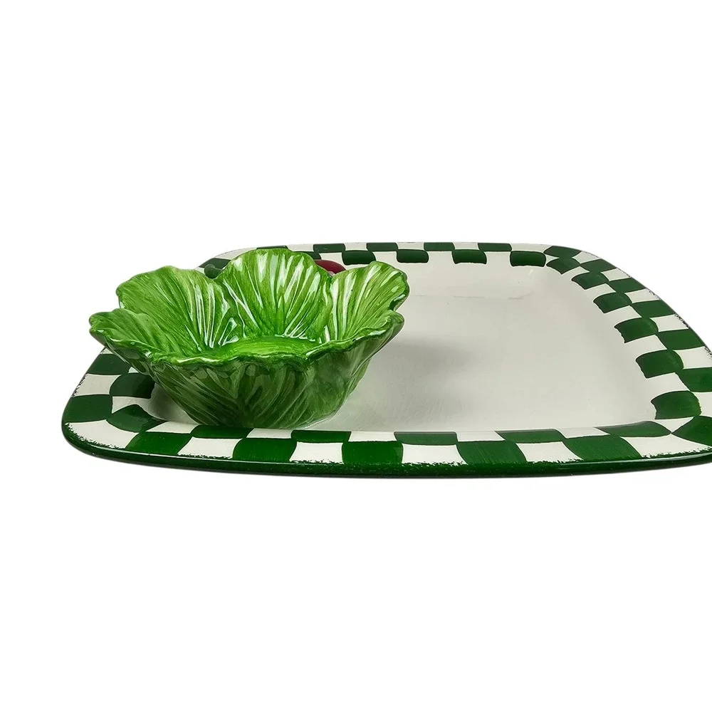 Cali Chip and & Platter Green Checkered Vegetable Cabbage Eggplant Serving‎ Tray